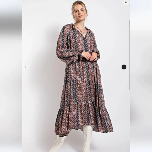 New! Easel Paisley Printed Long Sleeve Gauze Maxi Dress L - Picture 3 of 6